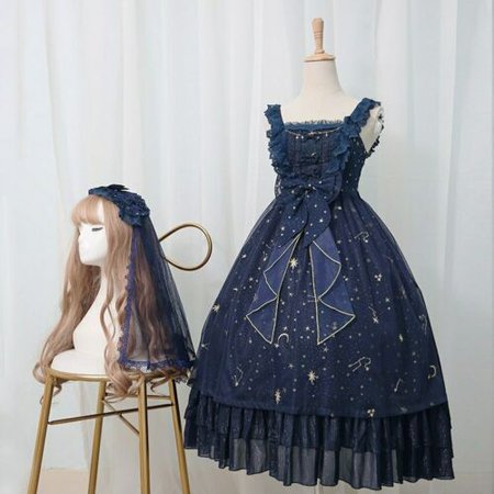 Sweet Star Embroidered Long Lolita Dress Navy Blue/White Party Gown | eBay