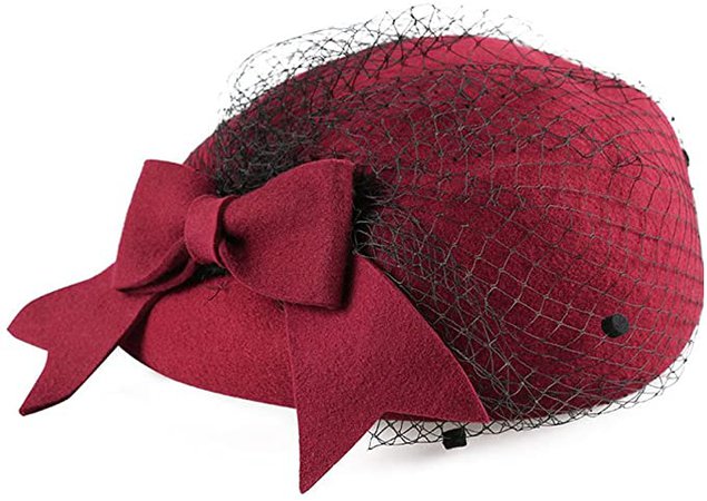 F FADVES Wool Felt Beret Veil Pillbox Hats Wedding Party Church Fascinator Kentucky Derby Hat Red at Amazon Women’s Clothing store