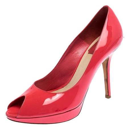 Dior Miss Dior Coral Pink Patent Leather Peep Toe Pumps