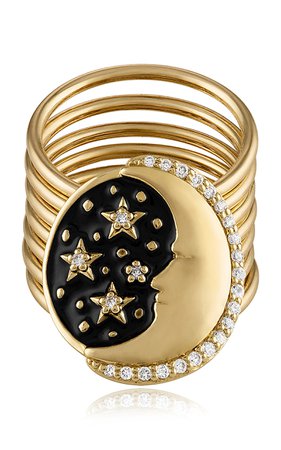 14k Yellow Gold Celestial Harem Pinky Ring With Black Enamel By Eden Presley | Moda Operandi