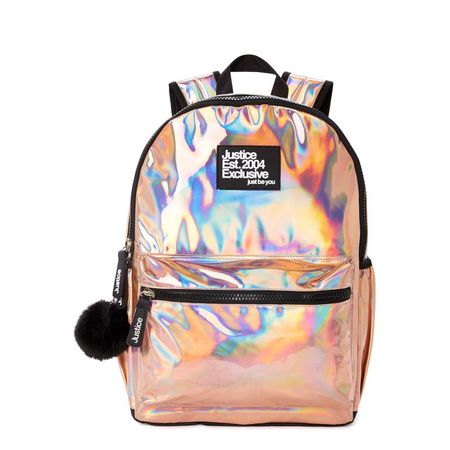 Justice Girls 17" Laptop Backpack with Pom Pom Dangle Iridescent Rose Gold - Walmart.com