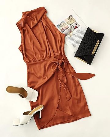 Amazon.com: ZESICA Women's 2024 Fashion Satin Sleeveless Halter Neck Tie Waist Wrap Bodycon Cocktail Party Mini Dress : Clothing, Shoes & Jewelry