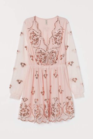 Sequin-embroidered Dress - Pink