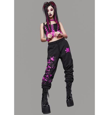 Widow Cat Crossbones Splatter Graphic Sweatpants - Black/Hot Pink | Dolls Kill