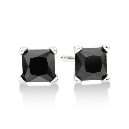 Square Stud Earrings with Black Cubic Zirconia in Sterling SIlver