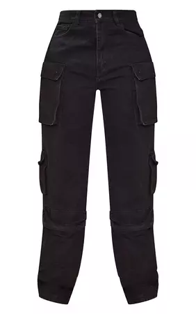 Tall Black Cargo Pocket Detail Wide Leg Jeans | PrettyLittleThing USA