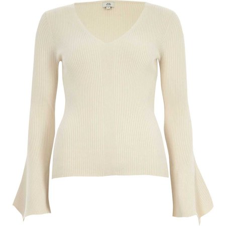 Cream knit rib flute sleeve V neck top - Knit Tops - Knitwear - women