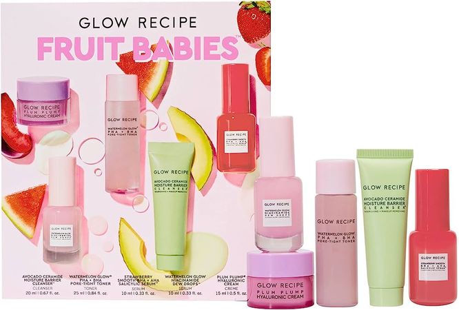 Amazon.com : Glow Recipe - Fruit Babies Bestsellers Kit - Mini Travel Size Beauty Essentials - Avocado Foam Cleanser, Niacinamide Dew Drops Serum, Pore-Tight Toner, Salicylic Serum, Hyaluronic Acid Cream (5 Count) : Beauty & Personal Care