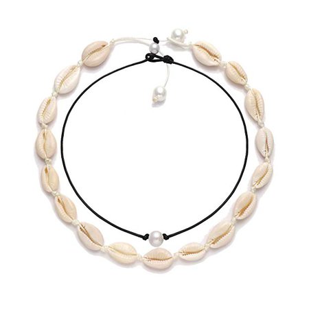 WAINIS Cowrie Shell Choker Necklace for Women Hawaiian Seashell Pearls Choker Necklace Statement Adjustable Cord Necklace Set