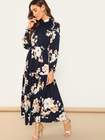 Frill Neck Floral Maxi Dress | SHEIN USA