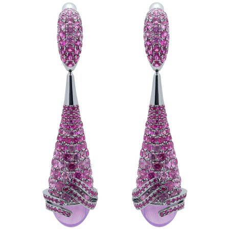 Mousson Atelier Lavender Quartz 8.87 Carat Pink Sapphires 18 Karat White Gold Fuji Earrings