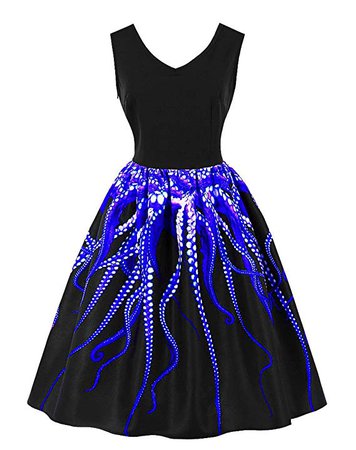 Wellwits Women's 3D Digital Octopus Print Sleeveless Vintage Rockabilly Dress at Amazon Women’s Clothing store: