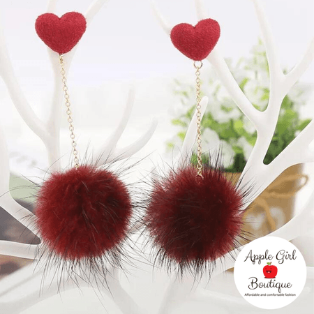 Heart & Pom-Pom Dangle Earrings in Burgundy – Apple Girl Boutique