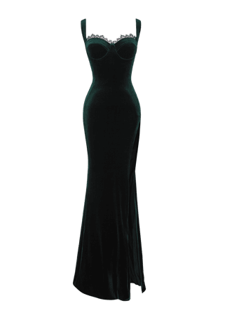 6013A "Beatrice" Dark Green Long Velvet Dress | POEM
