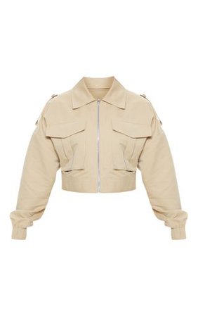 Stone Military Style Cropped Jacket | PrettyLittleThing