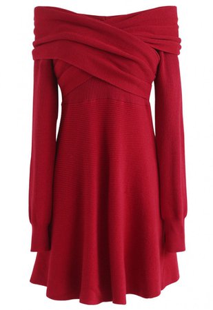 Cross My Heart Off-Shoulder Wrap Knit Dress in Red - DRESS - Retro, Indie and Unique Fashion
