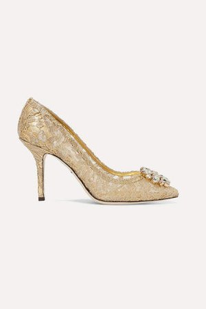 Crystal-embellished Corded Lace Pumps - Gold