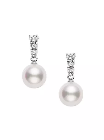 8MM White Cultured Akoya Pearl, Diamond & 18K White Gold Drop Earrings | Saks Fifth Avenue