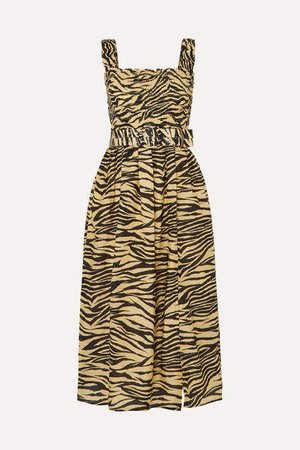 Belted Smocked Zebra-print Cotton And Silk-blend Midi Dress - Neutral