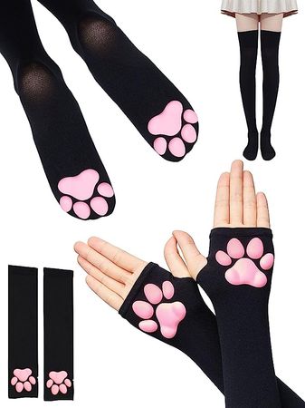 2 Pairs Cat Paw Thigh High Socks Cat Paw Gloves Cat Paw Socks and Gloves 3D Kitten Claw Stockings Pink Cat Paw Long Fingerless Gloves for Women() at Amazon Women’s Clothing store