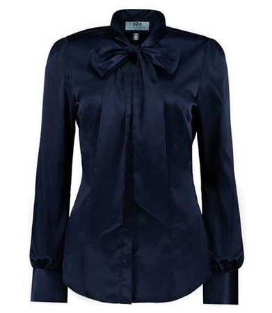 Navy Fitted Luxury Satin Blouse With Bow