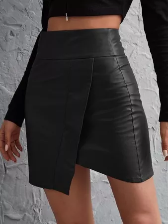 Wide Waistband Wrap Asymmetrical PU Leather Skirt | SHEIN USA