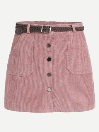 Pink Corduroy Single Breasted Pockets Skirt With Belt For Women-romwe