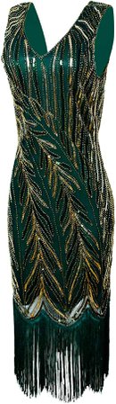 Amazon.com: L'VOW Women's Flapper Dress 1920s Vintage V Neck Sequin Beaded Fringed Gatsby Party Costume Dresses(Green Gold,X-Large) : Clothing, Shoes & Jewelry