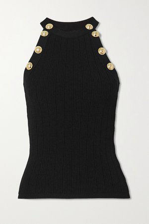Black Button-embellished ribbed-knit tank | Balmain | NET-A-PORTER