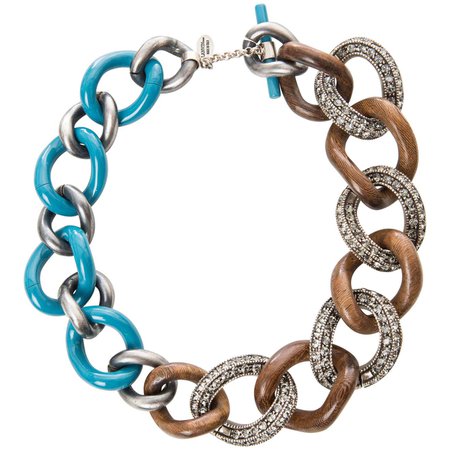 Elie Top for Lanvin Gunmetal Wood & Blue Enamel Chain Link Necklace