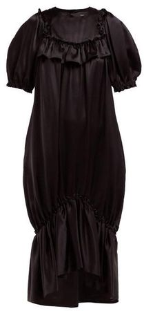 Ruffle Trim Fishtail Hem Silk Satin Dress - Womens - Black