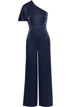 Midnight blue Carnation one-shoulder satin-twill wide-leg jumpsuit | Sale up to 70% off | THE OUTNET | IRIS & INK | THE OUTNET