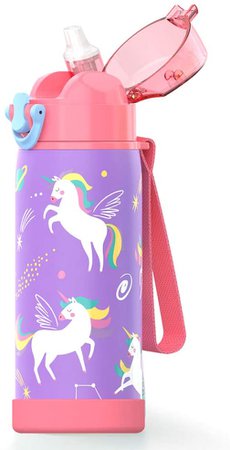 Amazon.com: 16 oz Insulated Water Bottle with Straw for Kids, Durable Stainless Steel & Leak Proof One Click Open Soft Sipper & Protective Silicone Boot (Unicorn): Home & Kitchen