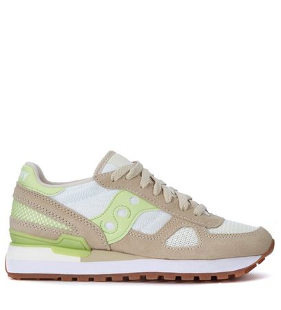 Saucony Shadow Beige Suede, White Mesh And Green Leather Sneakers