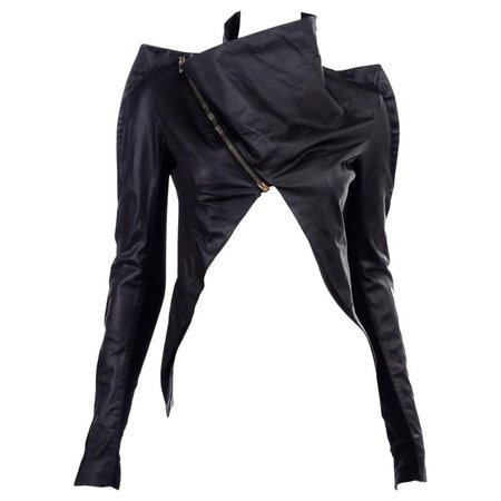 Rick Owens Asymmetrical Black Leather Jacket W Zipper and Pointed Sharp Shoulders For Sale at 1stdibs