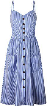 Angashion Women's Dresses-Summer Floral Bohemian Spaghetti Strap Button Down Swing Midi Dress with Pockets Navy Blue Striped M at Amazon Women’s Clothing store: