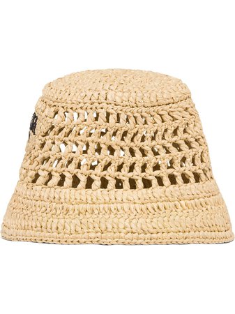 Shop Prada logo embroidered woven raffia hat with Express Delivery - FARFETCH