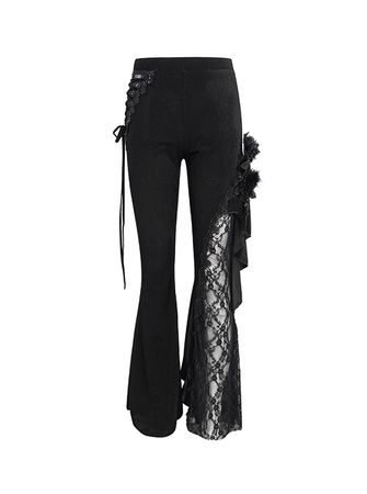 Black Velvet Single Side Stitching Rose Net Side Rope Decoration Gothic Asymmetric Dark Pattern Flare Pants - Magic Wardrobes