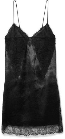 Lace-paneled Satin Mini Dress - Black