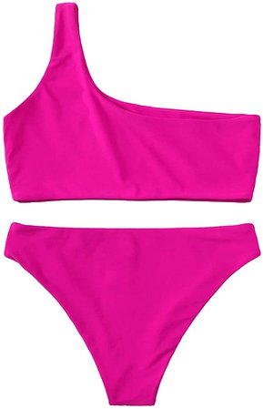 SweatyRocks Women's Sexy Bikini Set Solid Color Swimwear One Shoulder Bathing Suits Hot Pink L : Clothing, Shoes & Jewelry