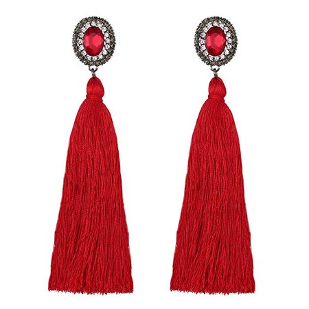 Long Tassel Earrings, Bohemian Thread Fringe Drop Earrings Paved Crystals Girls (Red): Clothing