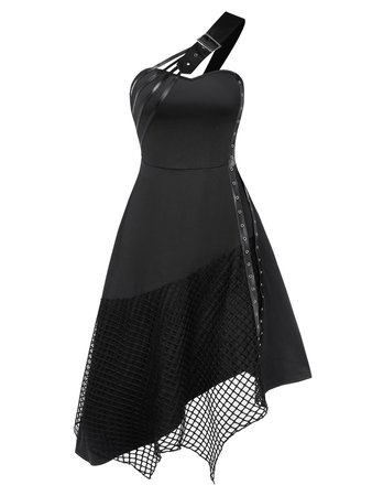 [30% OFF] 2020 One Shoulder Fishnet Insert Buckle Gothic Halloween Dress In BLACK | DressLily