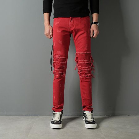 red ripped jeans
