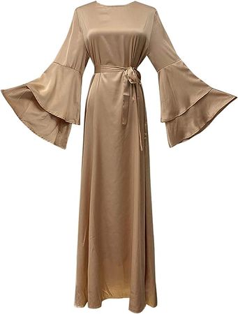 Kids Hijab Girls Long Soft Waist and Ankle O-Neck Fashion Solid Satin Women's Sleeve Color Dress Muslim at Amazon Women’s Clothing store