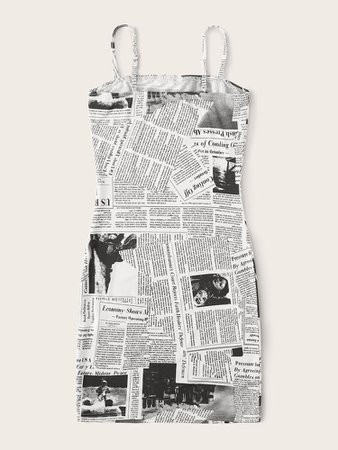 Newspaper Print Bodycon Slip Dress | SHEIN USA