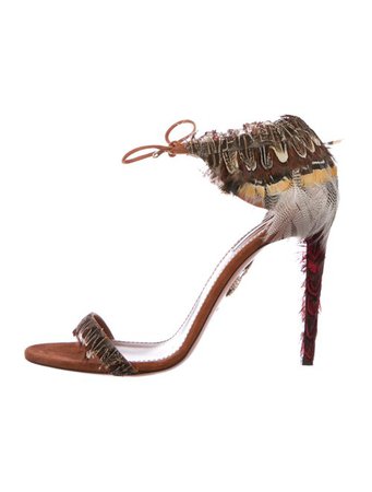 Aquazzura Feather-Trimmed Suede Sandals - Shoes - AQZ31601 | The RealReal