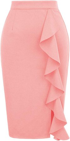 Women's Ruffle Bodycon Knee Length Midi Pencil Skirt L Pink at Amazon Women’s Clothing store