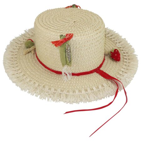 White Straw Raffia Trim Novelty Hat With Strawberries, 1950's For Sale at 1stDibs