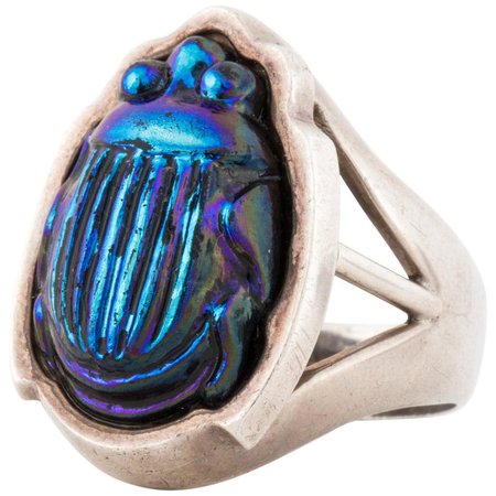 Tiffany and Co. Sterling Favrile Glass Scarab Ring For Sale at 1stdibs