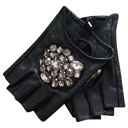 Diamond Studded Black Leather Fingerless Gloves